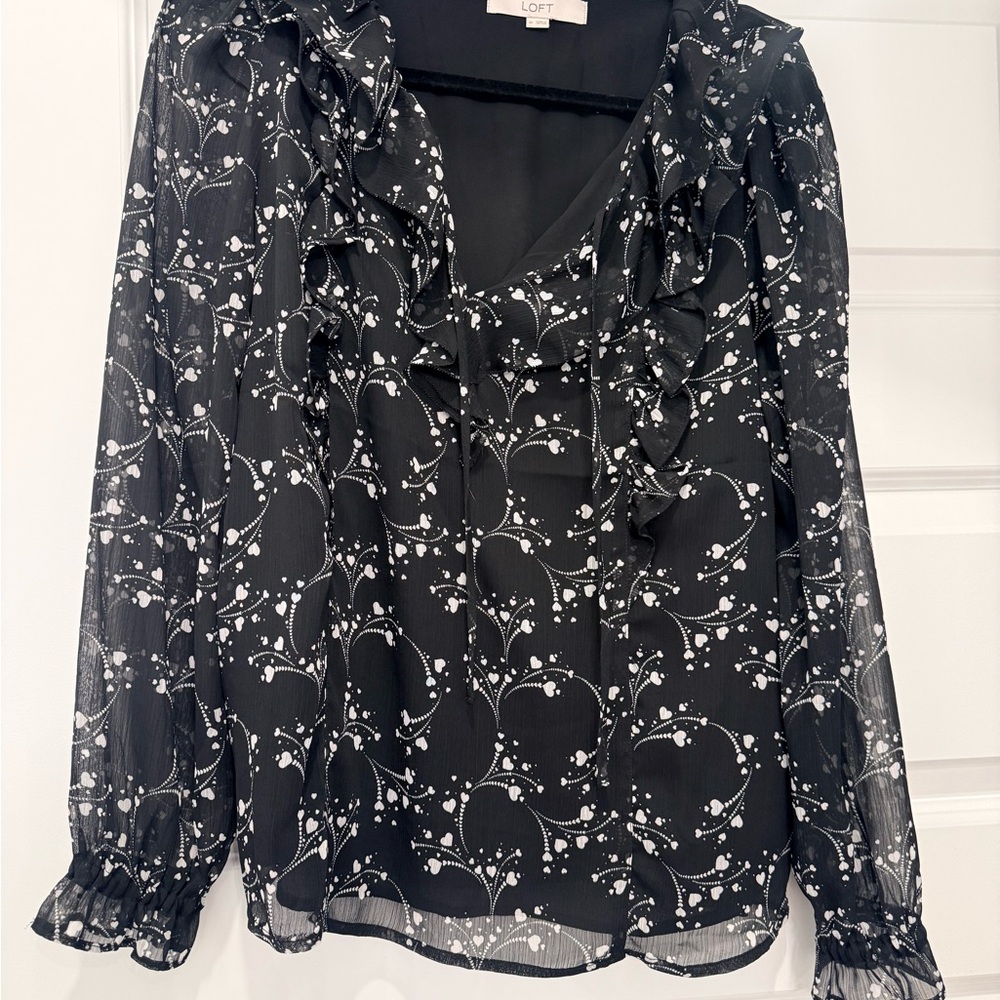LOFT Sheer Black and White Floral Blouse